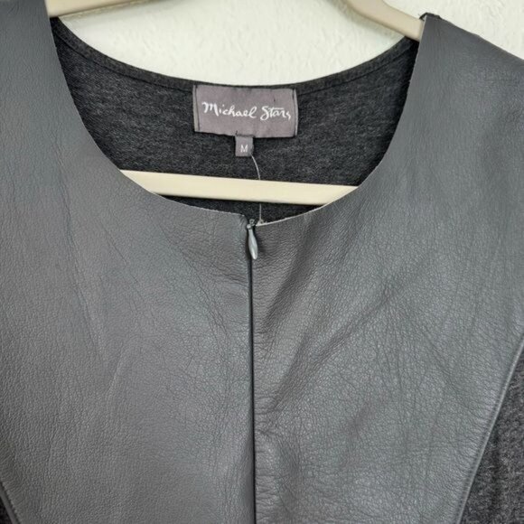 NWT Michael Stars zip up lambskin leather mix charcoal fit and flare dress M - Picture 5 of 13